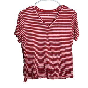 Lands' End T-Shirt Women's Petite Medium Red Striped V-Neck Short Sleeve